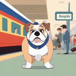 An animated image of high quality, showcasing a bulldog with expressive features standing in a busy train station