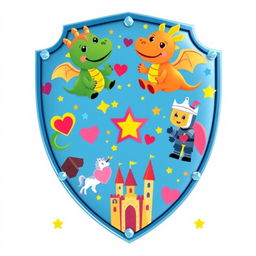 A whimsical and colorful medieval shield, designed to look cute and childish