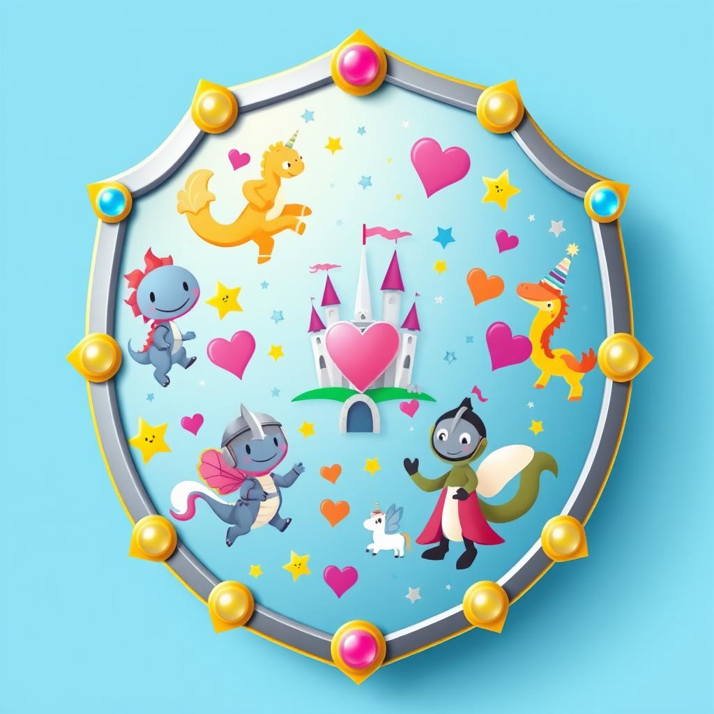 A whimsical and colorful medieval shield, designed to look cute and childish