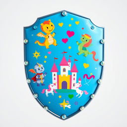 A whimsical and colorful medieval shield, designed to look cute and childish