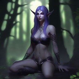 A digital art illustration depicts a night elf woman from the World of Warcraft universe