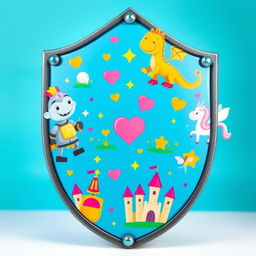 A whimsical and colorful medieval shield, designed to look cute and childish