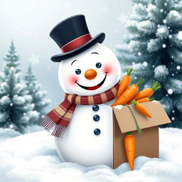 A whimsical scene featuring a cheerful snowman with a classic scarf and a top hat, curiously looking through an open cardboard box filled with fresh, bright orange carrots