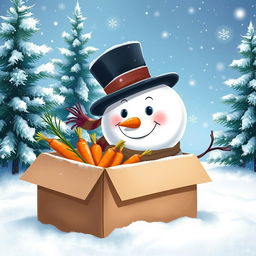 A whimsical scene featuring a cheerful snowman with a classic scarf and a top hat, curiously looking through an open cardboard box filled with fresh, bright orange carrots