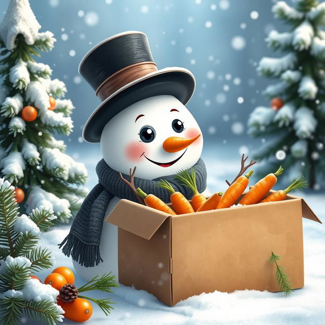 A whimsical scene featuring a cheerful snowman with a classic scarf and a top hat, curiously looking through an open cardboard box filled with fresh, bright orange carrots