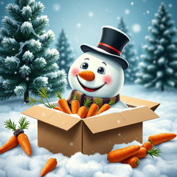A whimsical scene featuring a cheerful snowman with a classic scarf and a top hat, curiously looking through an open cardboard box filled with fresh, bright orange carrots