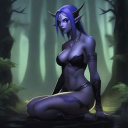 A digital art illustration depicts a night elf woman from the World of Warcraft universe