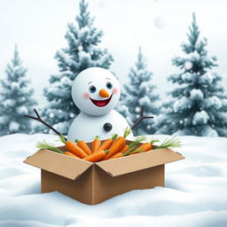 A charming scene featuring a snowman lacking its carrot nose, curiously peering into an open cardboard box filled with fresh, bright orange carrots