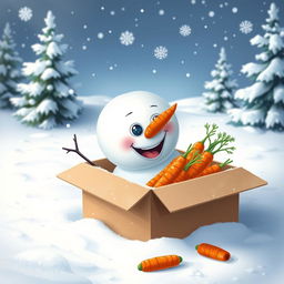 A charming scene featuring a snowman lacking its carrot nose, curiously peering into an open cardboard box filled with fresh, bright orange carrots