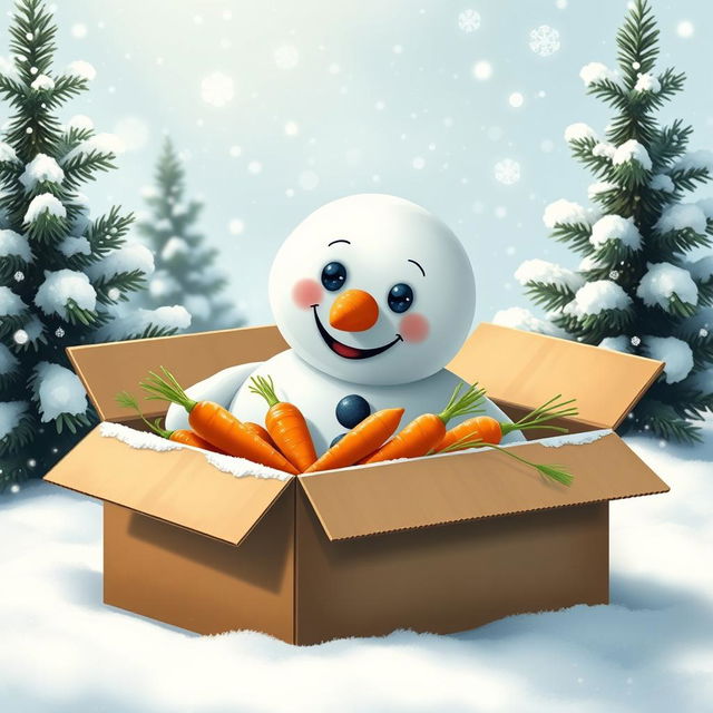 A charming scene featuring a snowman lacking its carrot nose, curiously peering into an open cardboard box filled with fresh, bright orange carrots