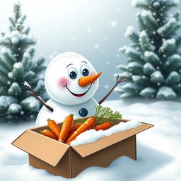 A charming scene featuring a snowman lacking its carrot nose, curiously peering into an open cardboard box filled with fresh, bright orange carrots