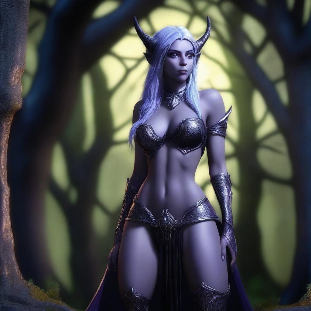 A hyper-realistic 3D render showcases a night elf woman from the World of Warcraft universe