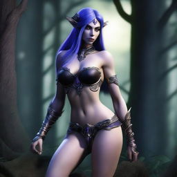 A hyper-realistic 3D render showcases a night elf woman from the World of Warcraft universe