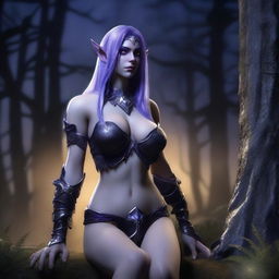 A hyper-realistic 3D render showcases a night elf woman from the World of Warcraft universe