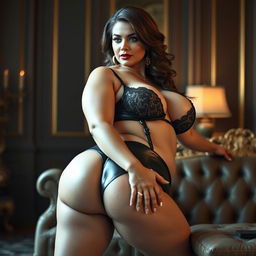 A stunning woman wearing ultra-sexy attire that emphasizes her voluptuous figure, showcasing her exceptionally large breasts and curvy, voluptuous buttocks that are three times the average size