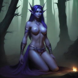 A digital art illustration presents a night elf woman from the World of Warcraft universe