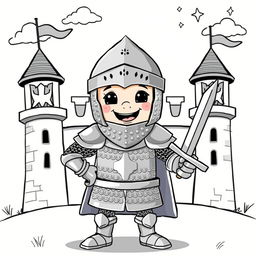 A cute and whimsical medieval knight wearing shiny chain mail armor, standing proudly with a big smile