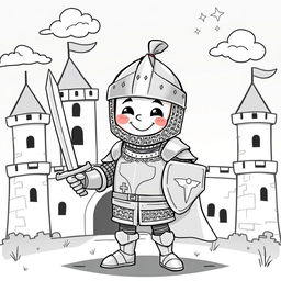 A cute and whimsical medieval knight wearing shiny chain mail armor, standing proudly with a big smile