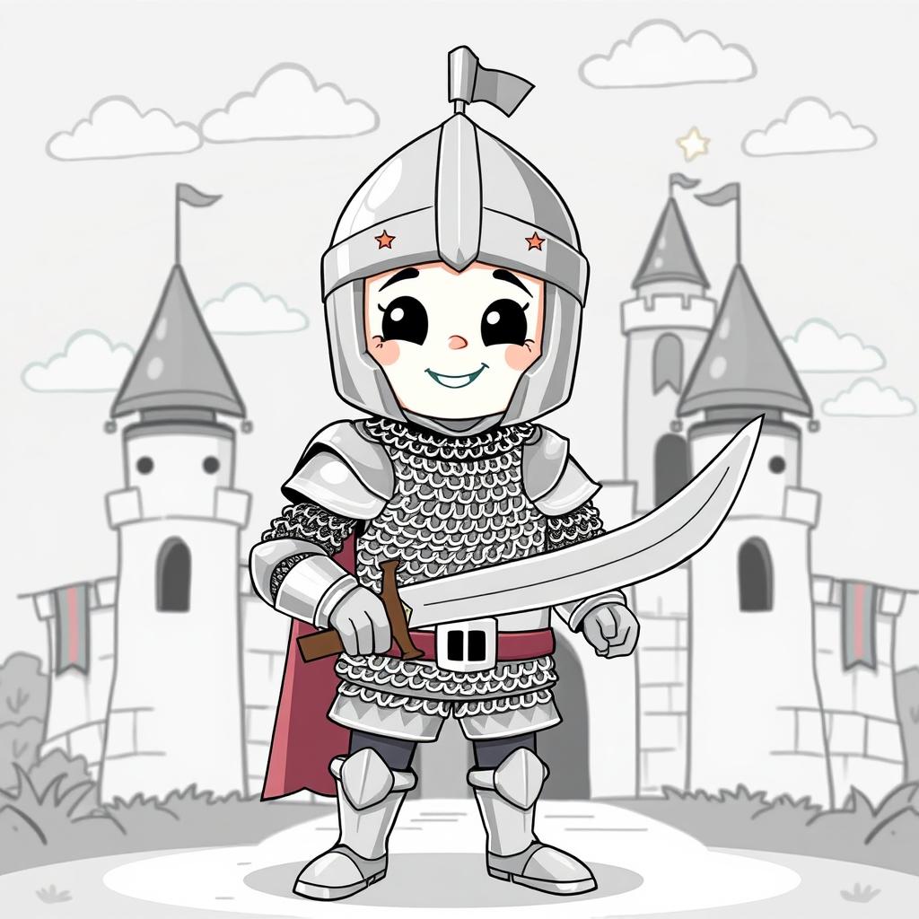 A cute and whimsical medieval knight wearing shiny chain mail armor, standing proudly with a big smile