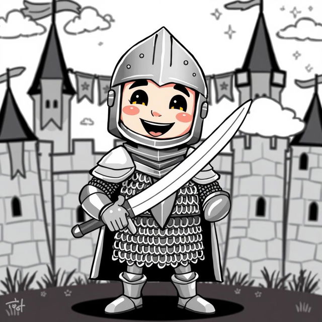 A cute and whimsical medieval knight wearing shiny chain mail armor, standing proudly with a big smile