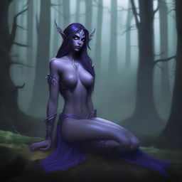 A digital art illustration presents a night elf woman from the World of Warcraft universe