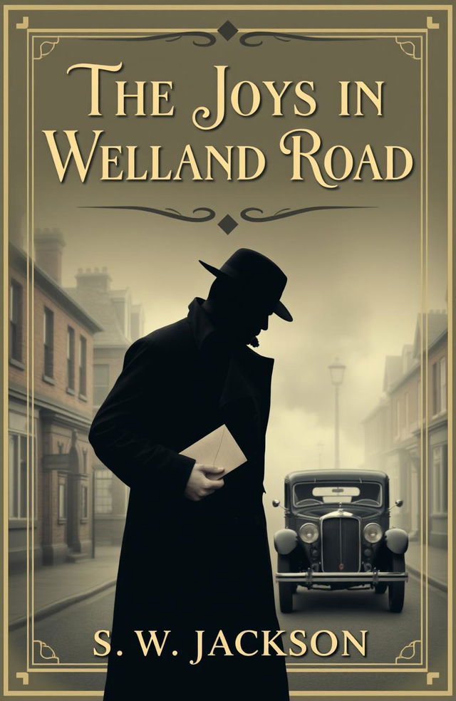 A vintage book cover design for a literary murder mystery titled 'The Joys in Welland Road' by S