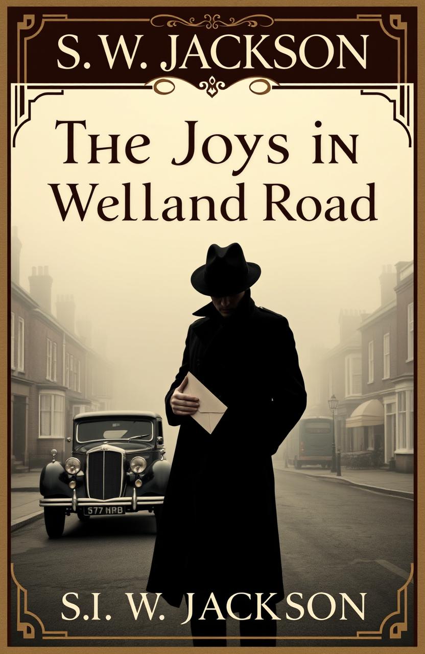 A vintage book cover design for a literary murder mystery titled 'The Joys in Welland Road' by S