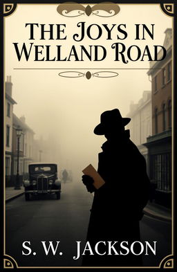 A vintage book cover design for a literary murder mystery titled 'The Joys in Welland Road' by S