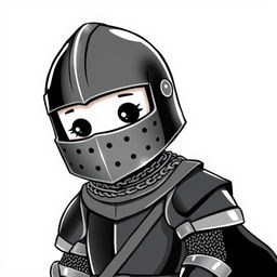 A whimsical and cute depiction of a medieval knight dressed in chain mail and a full-face helmet, set against a plain white background