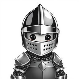 A whimsical and cute depiction of a medieval knight dressed in chain mail and a full-face helmet, set against a plain white background