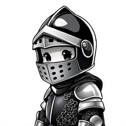 A whimsical and cute depiction of a medieval knight dressed in chain mail and a full-face helmet, set against a plain white background