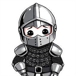 A whimsical and cute depiction of a medieval knight dressed in chain mail and a full-face helmet, set against a plain white background