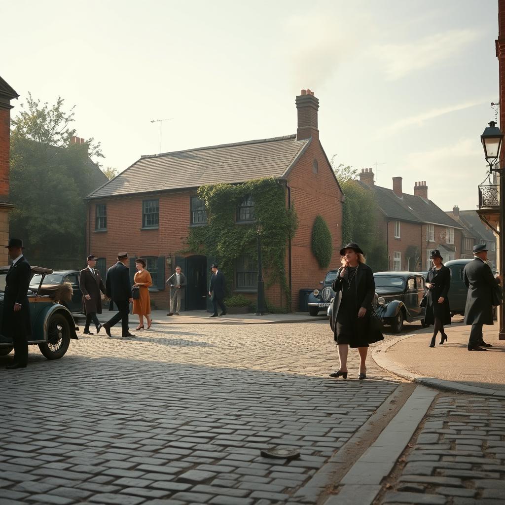 A beautiful 1920s England street scene from Welland Road, capturing the essence of a literary murder mystery