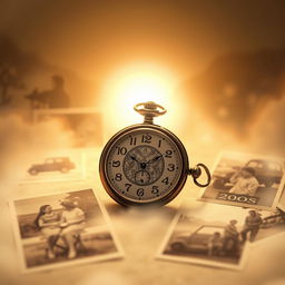 A serene and nostalgic scene capturing the concept of time travel through memories, featuring an antique pocket watch with intricate designs, surrounded by sepia-toned photographs of past moments, including a family picnic, a vintage car, and children playing