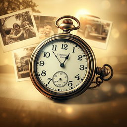 A serene and nostalgic scene capturing the concept of time travel through memories, featuring an antique pocket watch with intricate designs, surrounded by sepia-toned photographs of past moments, including a family picnic, a vintage car, and children playing