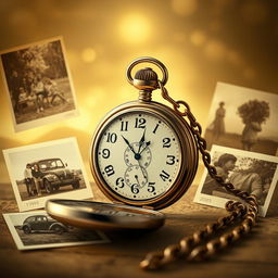 A serene and nostalgic scene capturing the concept of time travel through memories, featuring an antique pocket watch with intricate designs, surrounded by sepia-toned photographs of past moments, including a family picnic, a vintage car, and children playing