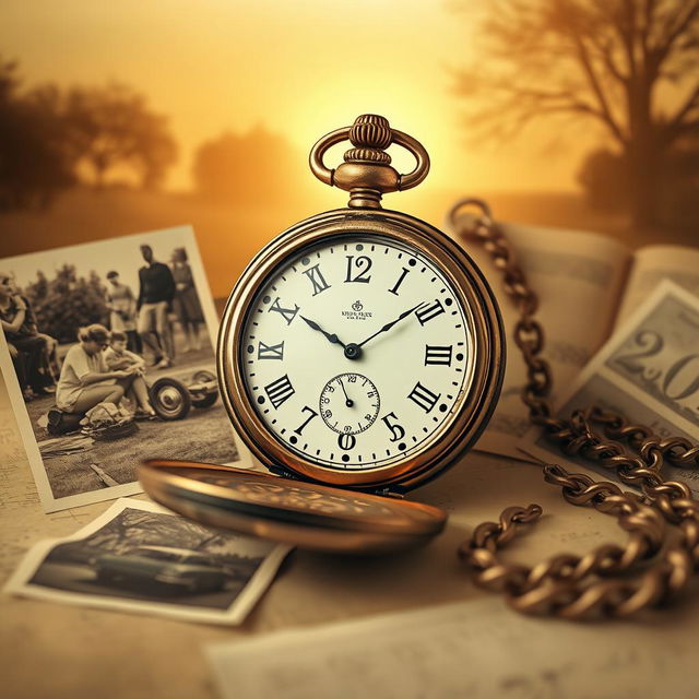 A serene and nostalgic scene capturing the concept of time travel through memories, featuring an antique pocket watch with intricate designs, surrounded by sepia-toned photographs of past moments, including a family picnic, a vintage car, and children playing