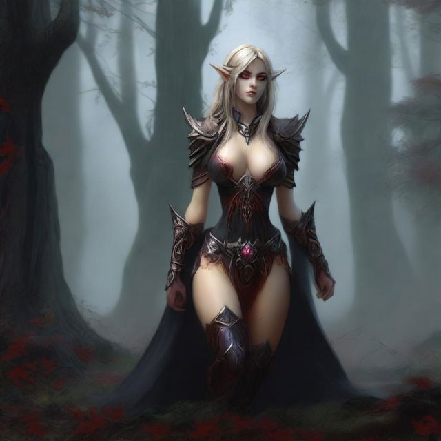 A high-quality digital art image portrays a blood elf woman from the World of Warcraft universe