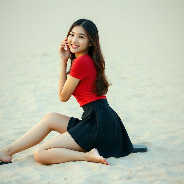 A beautiful Korean woman posed elegantly and attractively, sitting sideways while glancing at the camera with a soft and charming smile