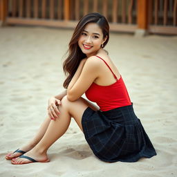 A beautiful Korean woman posed elegantly and attractively, sitting sideways while glancing at the camera with a soft and charming smile
