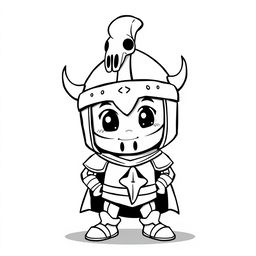 A cute and childish depiction of a medieval knight wearing a bascinet helmet with a houndskull design