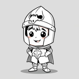 A cute and childish depiction of a medieval knight wearing a bascinet helmet with a houndskull design