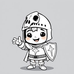 A cute and childish depiction of a medieval knight wearing a bascinet helmet with a houndskull design