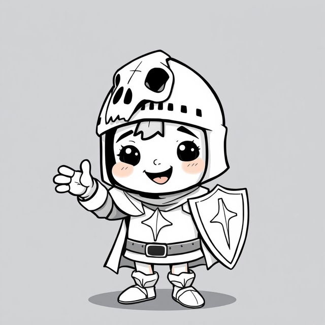 A cute and childish depiction of a medieval knight wearing a bascinet helmet with a houndskull design
