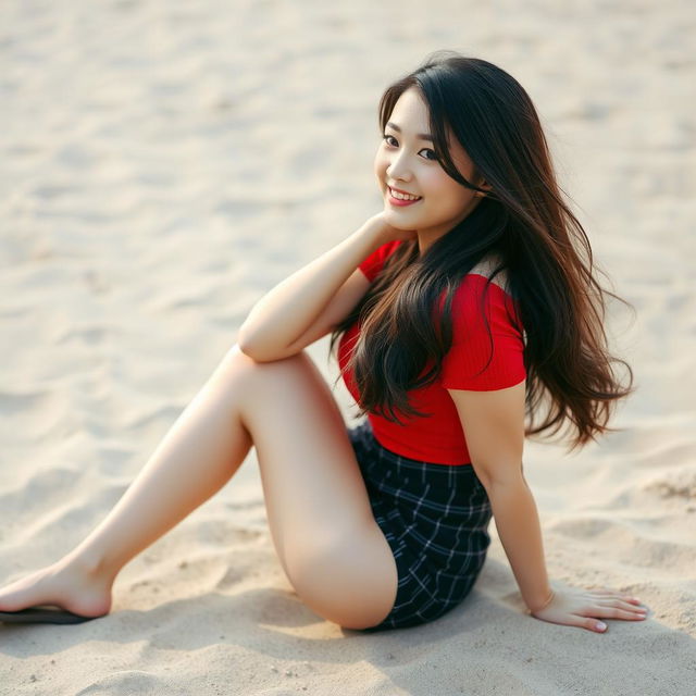 A beautiful Korean woman posing gracefully and alluringly, sitting sideways while glancing at the camera with a soft and charming smile