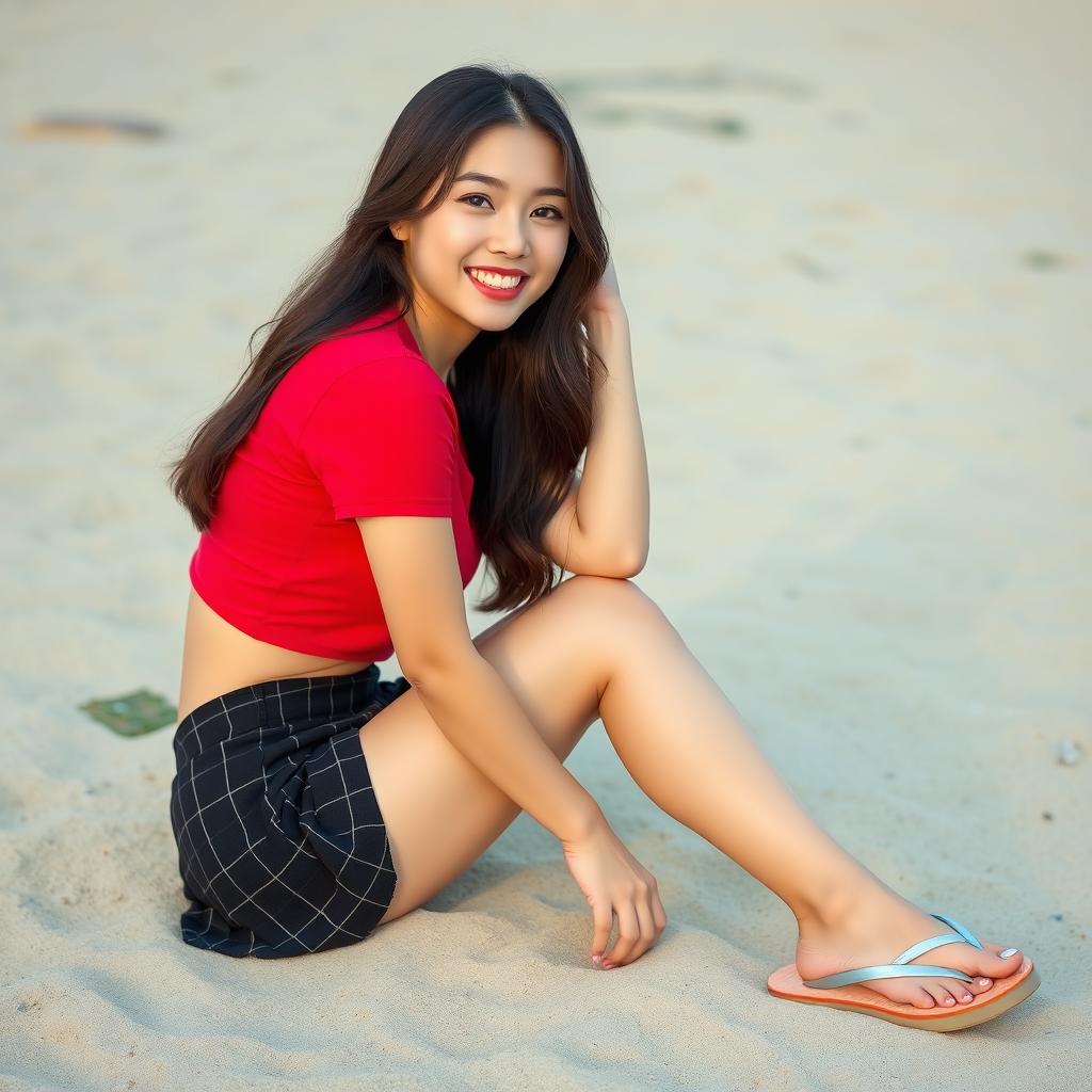 A beautiful Korean woman posing gracefully and alluringly, sitting sideways while glancing at the camera with a soft and charming smile