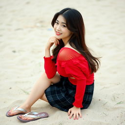 A beautiful Korean woman posing gracefully and alluringly, sitting sideways while glancing at the camera with a soft and charming smile