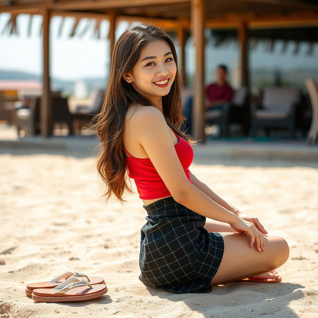 A beautiful Korean woman posing elegantly and attractively, sitting sideways and glancing at the camera with a gentle and captivating smile