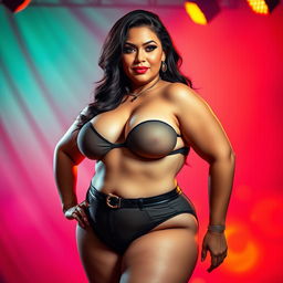 A curvy woman wearing revealing and sexy clothing that emphasizes her extraordinarily large breasts, which are five times bigger than average, along with her voluptuous and prominent butt