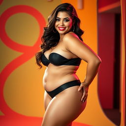 A stunningly beautiful curvy woman wearing sexy and revealing clothing that emphasizes her extraordinarily large breasts, which are an impressive five times bigger than average, alongside her voluptuous hips and butt